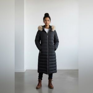 Mango Black Long Quilted Puffer Coat with Faux Fur Hood – Size M